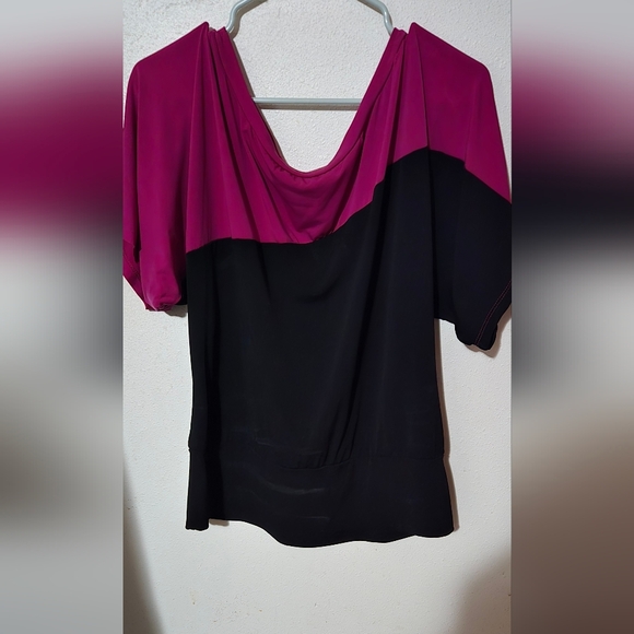 Fuchsia & Black Torrid Off‑Shoulder Blouse | Relaxed Top with Banded Waist - Picture 3 of 3